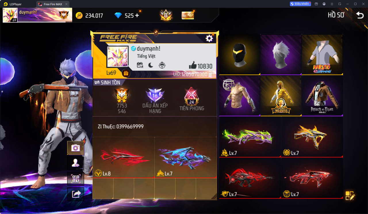 Bán acc Acc Free Fire VIP Lv.69 - Dàn Súng Evo Max Level